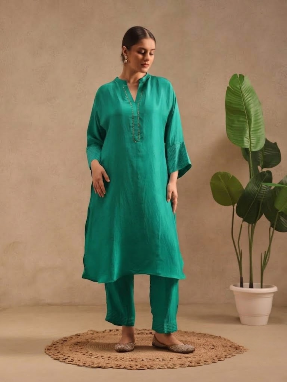 Emerald Green Embellishment - Silk Kurta Set