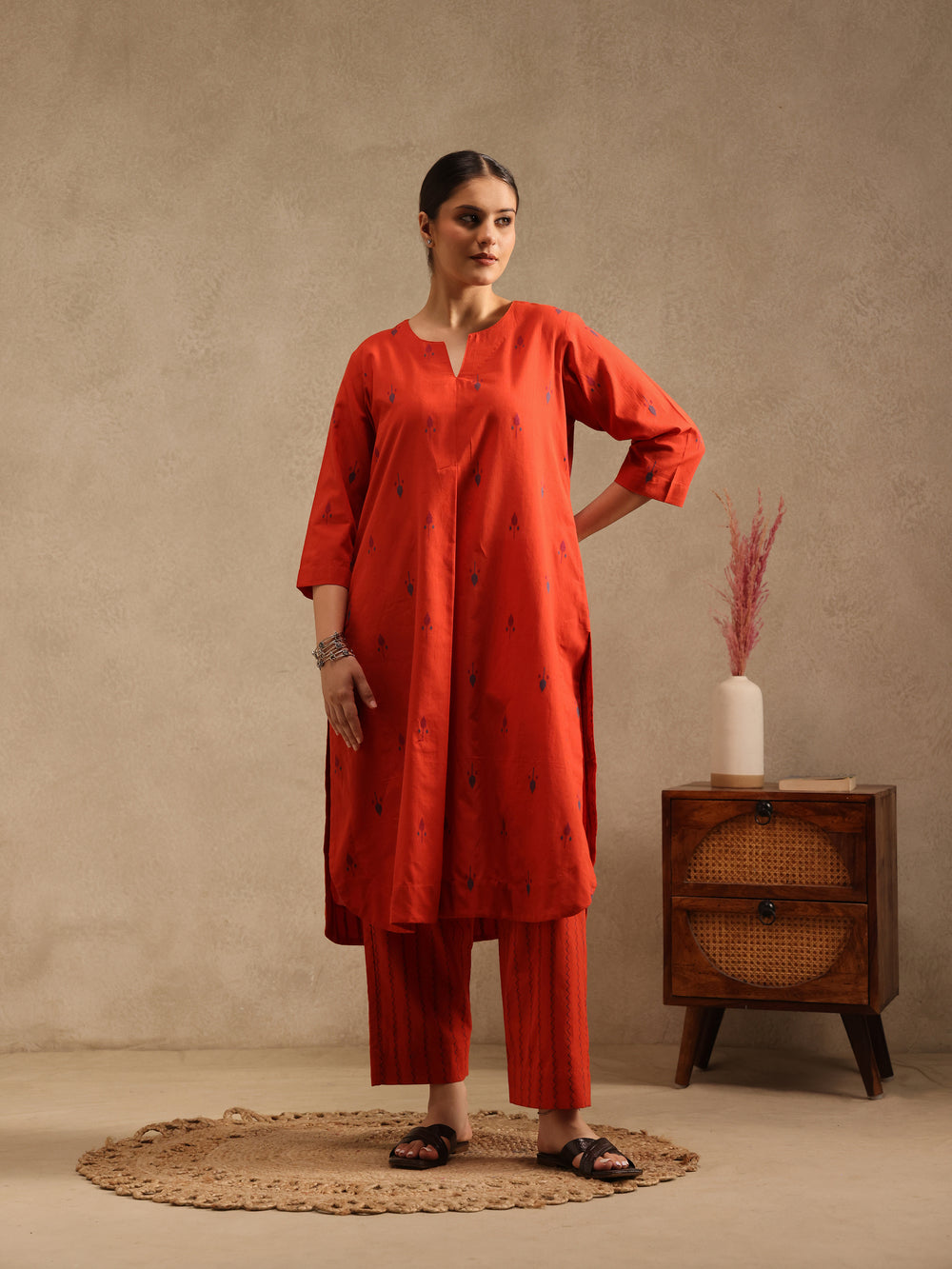 Orange Kala - Hand Crafted Tunic Set With Barrel Pants