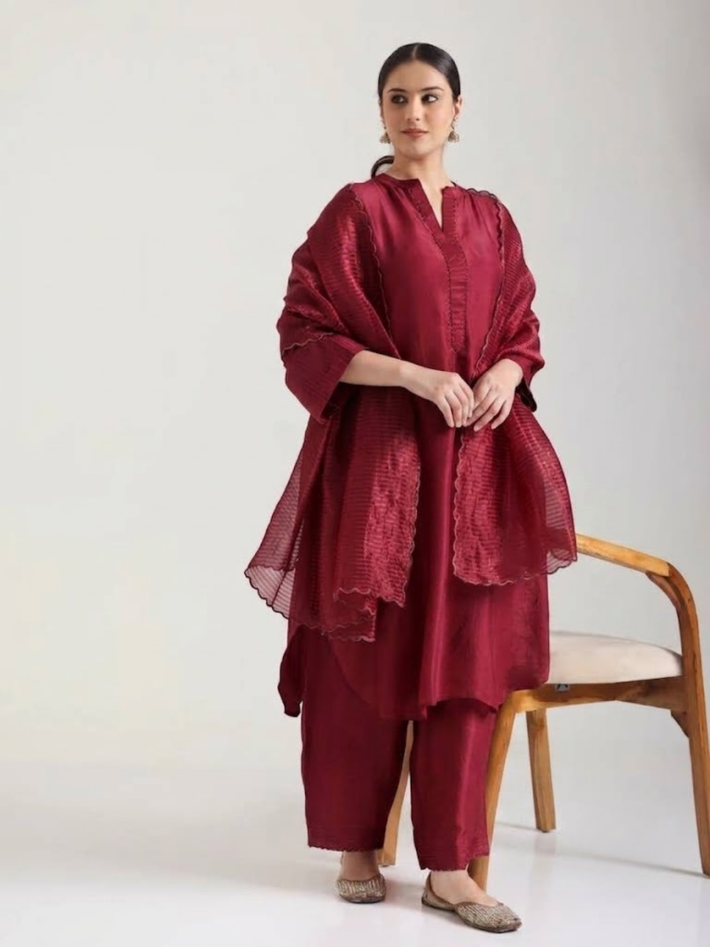 Ox Blood Red Embellishment - Silk Kurta Set