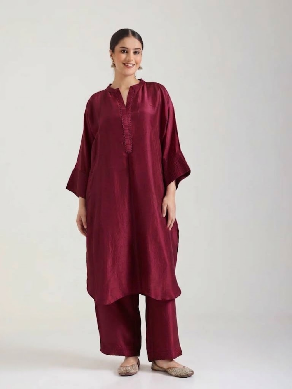 Ox Blood Red Embellishment - Silk Kurta Set