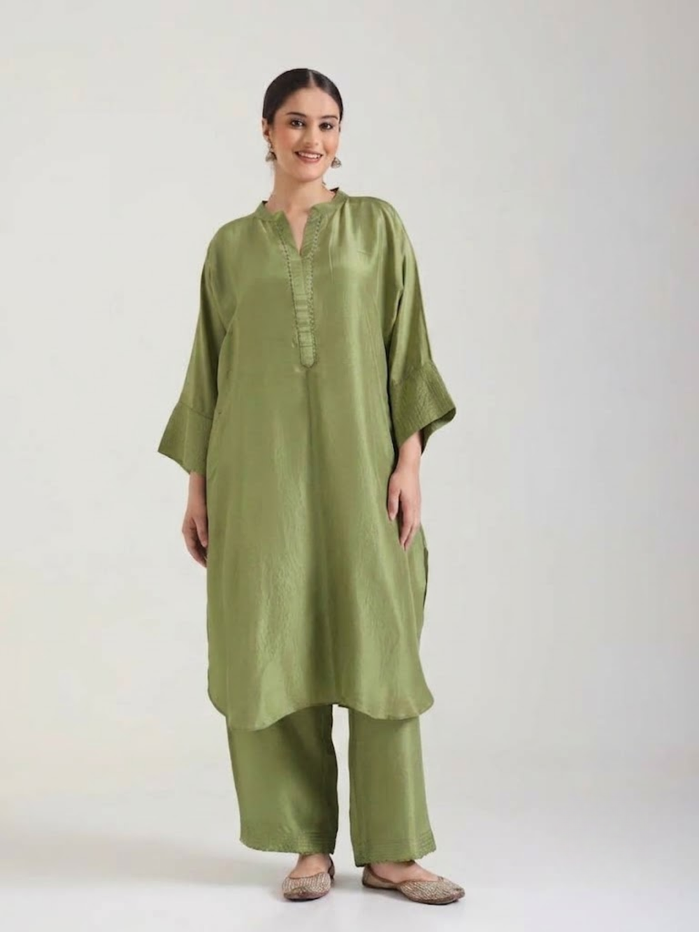 Sage Green Embellishment -  Silk Kurta Set