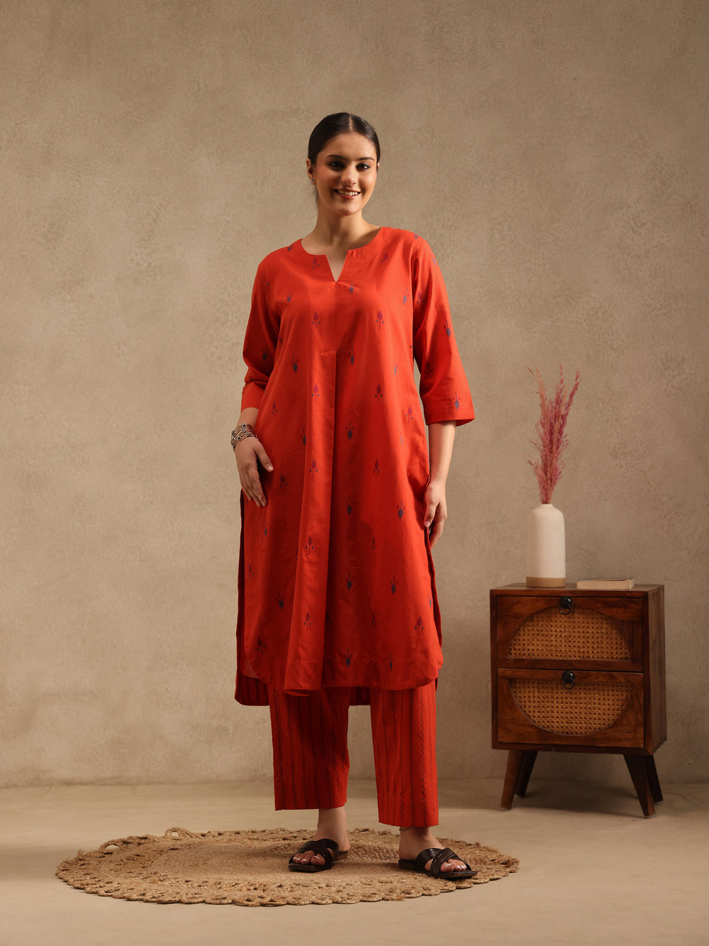 Orange Kala - Hand Crafted Tunic Set With Barrel Pants