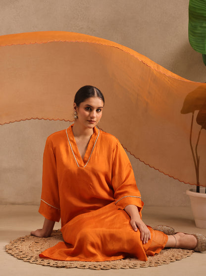 Saffron Orange - Detailing Kurta Set