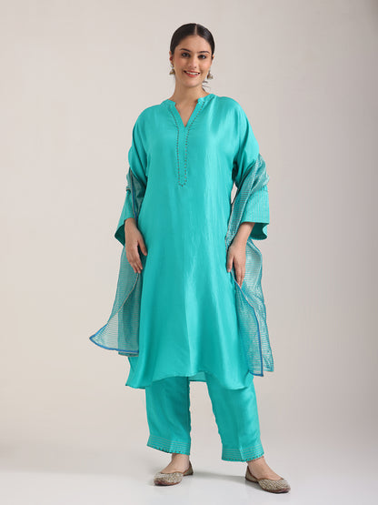 Blue Embellishment - Silk Kurta Set