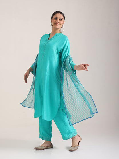 Blue Embellishment - Silk Kurta Set