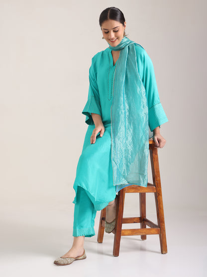 Blue Embellishment - Silk Kurta Set