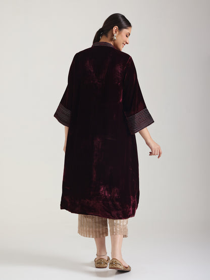 Asymmetrical Silk Velvet - Wine Kurta Set