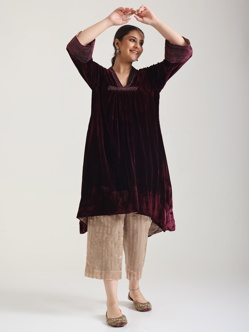Asymmetrical Silk Velvet - Wine Kurta Set