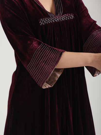 Asymmetrical Silk Velvet - Wine Kurta Set