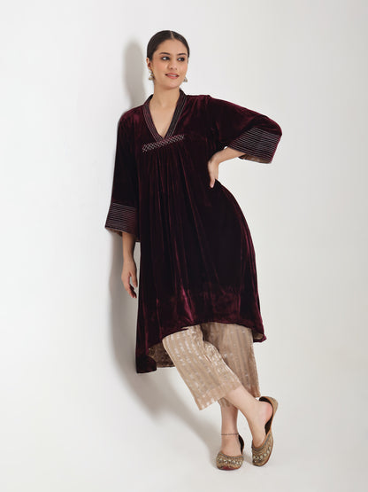 Asymmetrical Silk Velvet - Wine Kurta Set