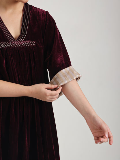 Asymmetrical Silk Velvet - Wine Kurta Set