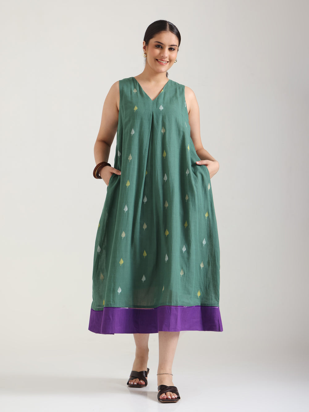 Green - Katha Jamdani Dress Sleeveless