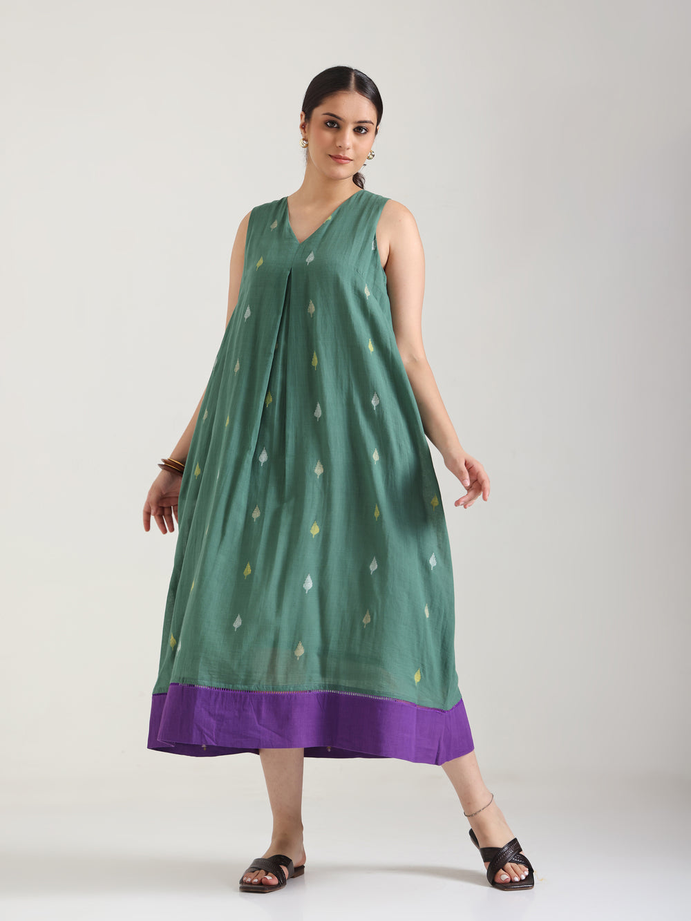 Green - Katha Jamdani Dress Sleeveless