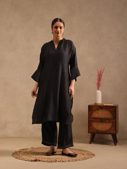 Black Embellishment Silk Kurta Set
