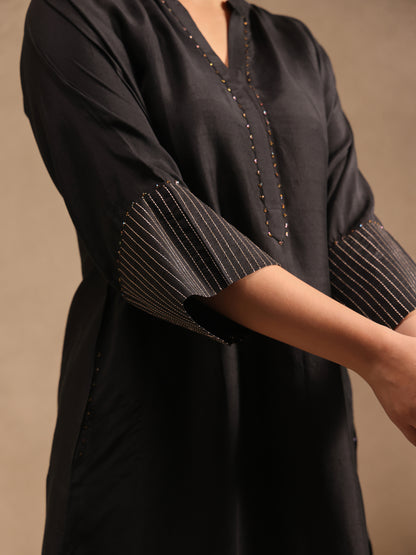 Black Embellishment Silk Kurta Set