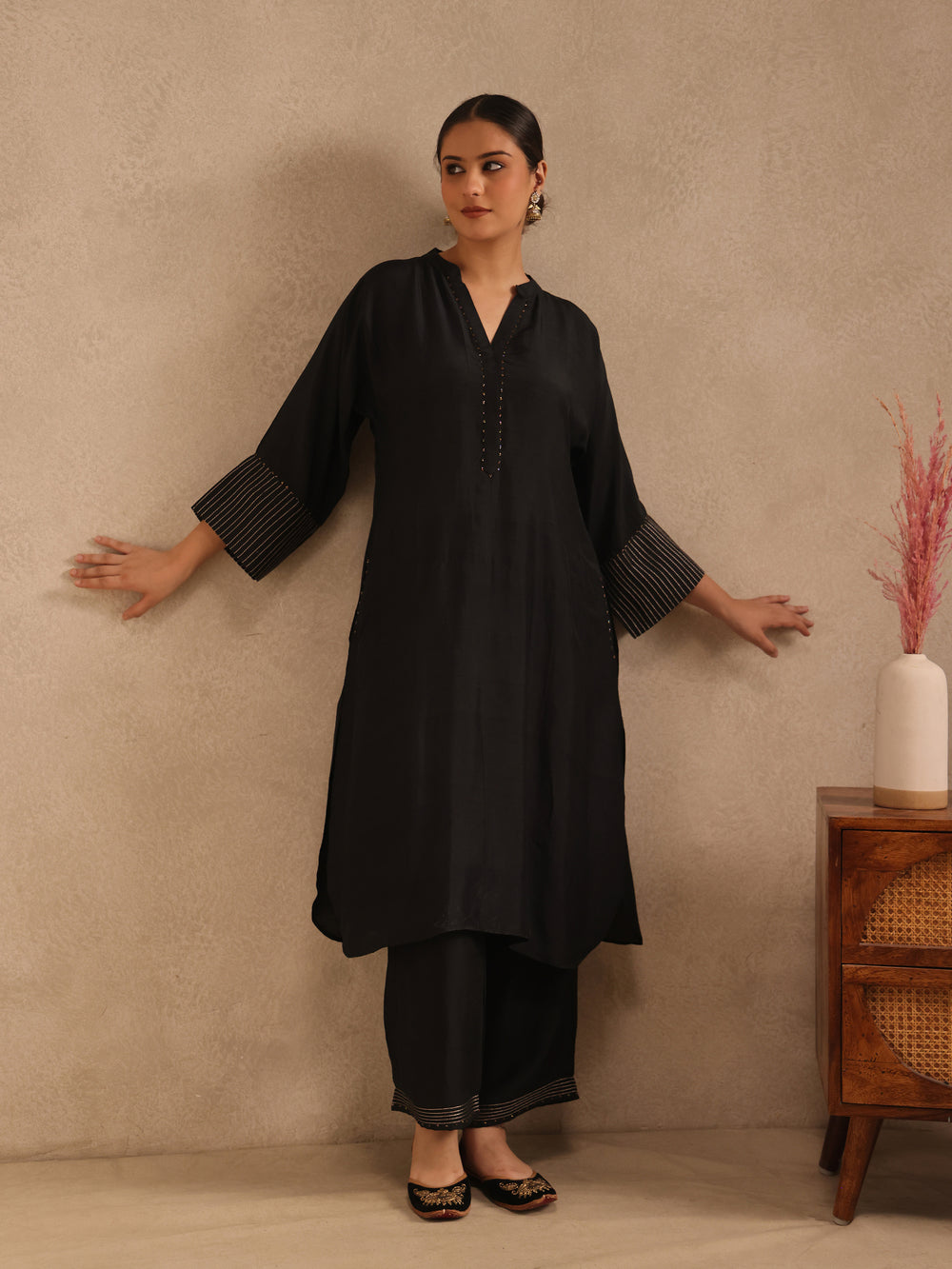 Black Embellishment Silk Kurta Set