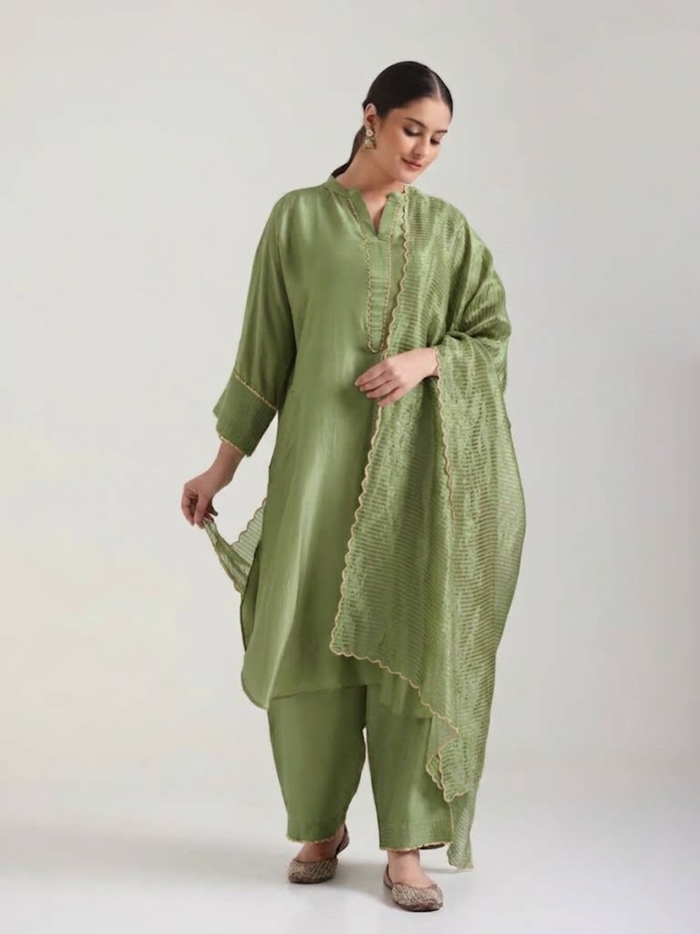 Sage Green Embellishment -  Silk Kurta Set