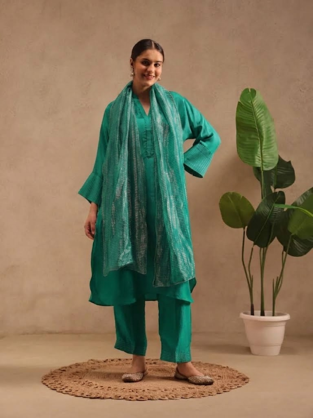 Emerald Green Embellishment - Silk Kurta Set