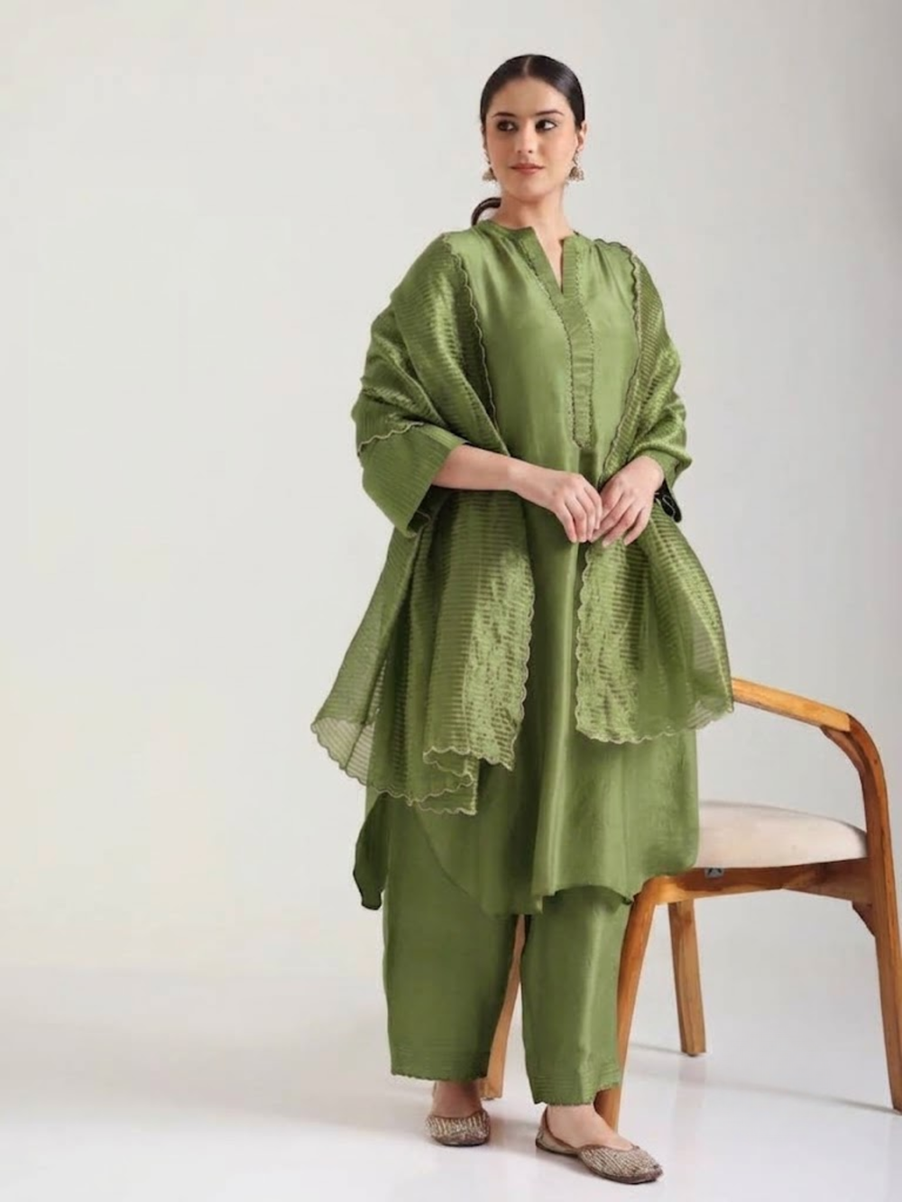 Sage Green Embellishment -  Silk Kurta Set