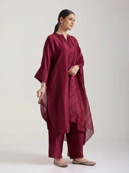 Ox Blood Red Embellishment - Silk Kurta Set