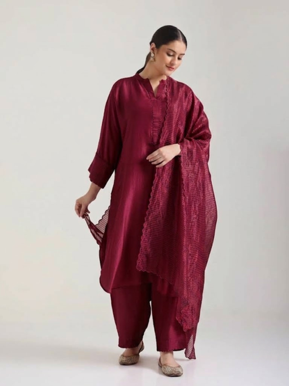 Ox Blood Red Embellishment - Silk Kurta Set