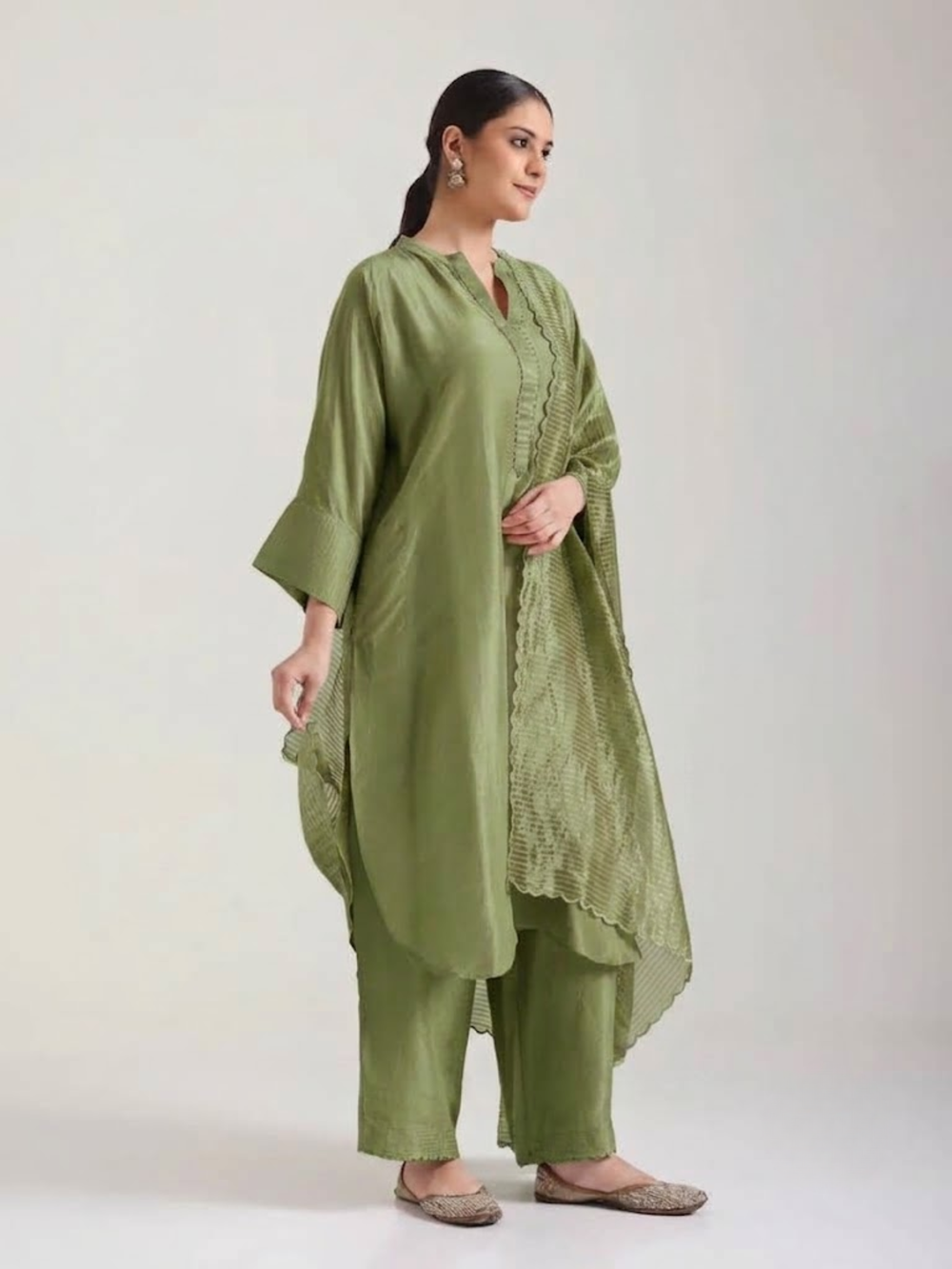Sage Green Embellishment -  Silk Kurta Set