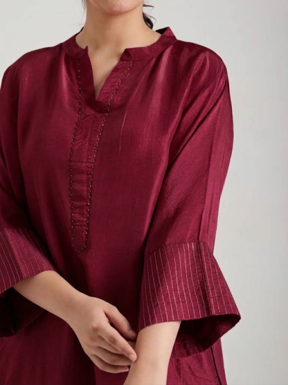 Ox Blood Red Embellishment - Silk Kurta Set