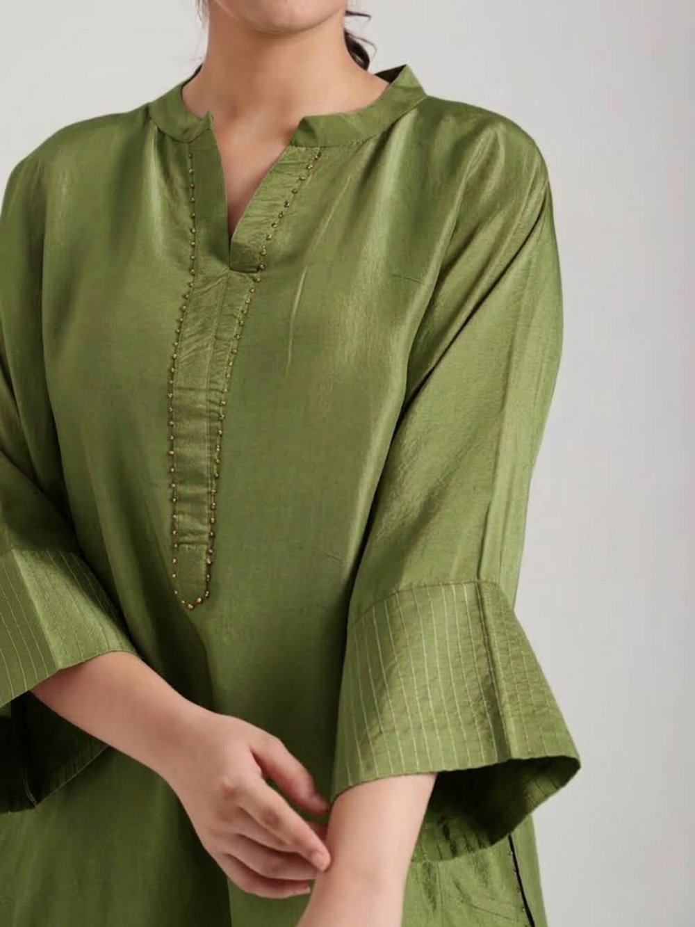 Sage Green Embellishment -  Silk Kurta Set