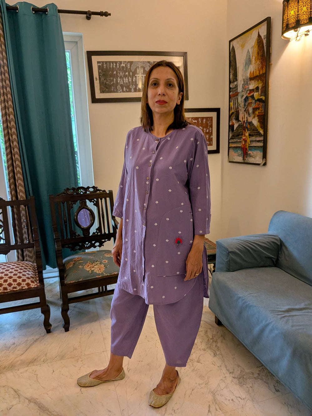 Lavender Lekha - Hand Crafted Tunic set with Barrel Pants